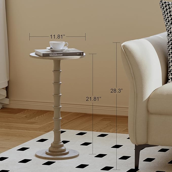 Round Side Table, Modern Drink Table for Small Spaces, Small End Table with Solid Wood Leg for Living Room, Bedroom, Corners, and Office (Grey Oak)