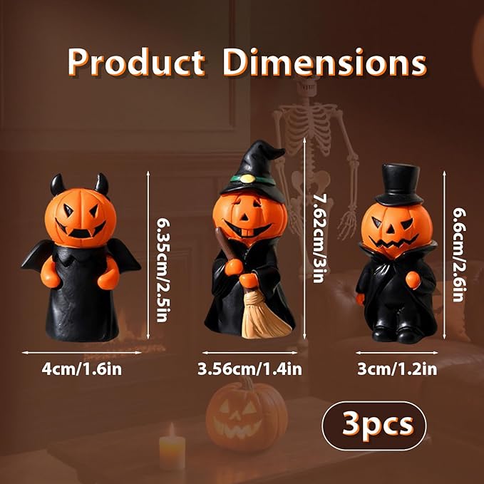 Halloween Decorations Indoor Pumpkin Figurine Set of 3, Mini Handmade Resin Trinket Tray Broom & Witch Pumpkin, Decor for Tabletop Mantel Shelf Home Office Party