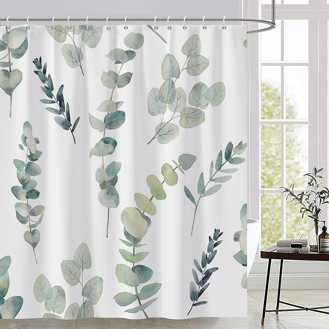 AWERT Shower Curtain Green Plants for Bathroom Waterproof Quick-Drying Eucalyptus Leaves Shower Curtain Set with Hooks 60x72 Inch