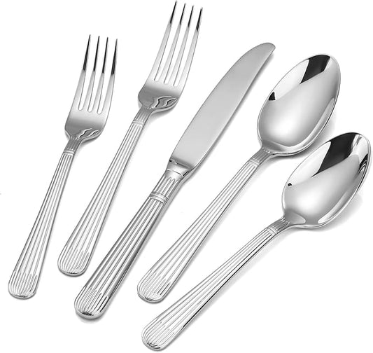 60-Piece 18/10 Stainless Steel Heavy Weight Flatware Set for 12, High End Thick Handle Silverware Set, Luxury Forged Striped Design, Dishwasher Safe
