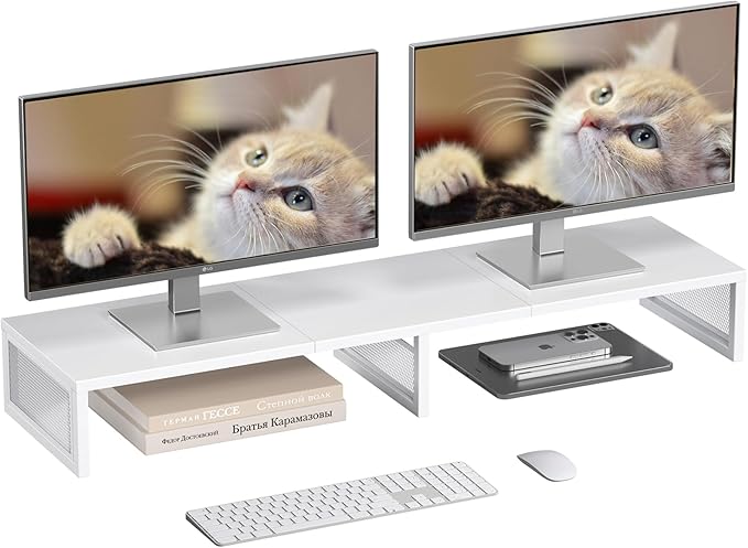 Dual Computer Monitor Stand Riser, Desk Organizers and Accessories, Printer & TV Stand, Desk Shelf, Office Desk Accessories & Desktop Workspace Organizer for Office Supplies, White