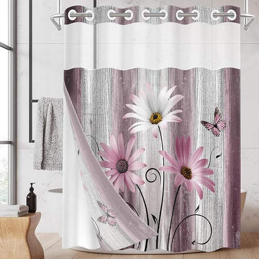 No Hook Flower Daisy Shower Curtain with Snap in Fabric Liner Set, Pink Rustic Farmhouse Double Layers Waterproof Fabric with See Through Top Window Open Grommet Bath Curtain 71x86 Inch