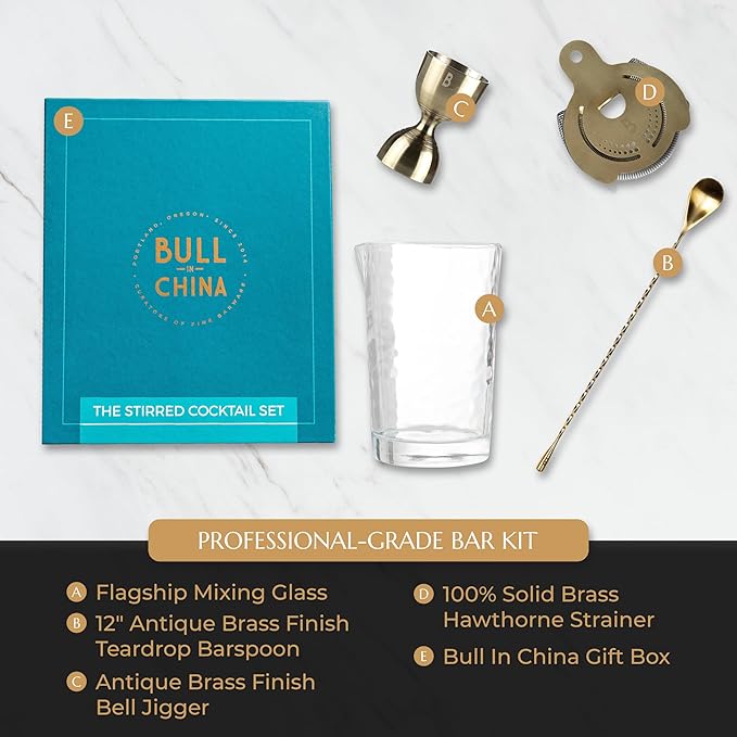 4 Piece Cocktail Kit by Bull In China - 100% Brass Premium Bartender Gift Set Includes Flagship Mixing Glass, 12 inch Barspoon, Bell Jigger & Hawthorne Strainer For Professional & Home Bars (Brass)