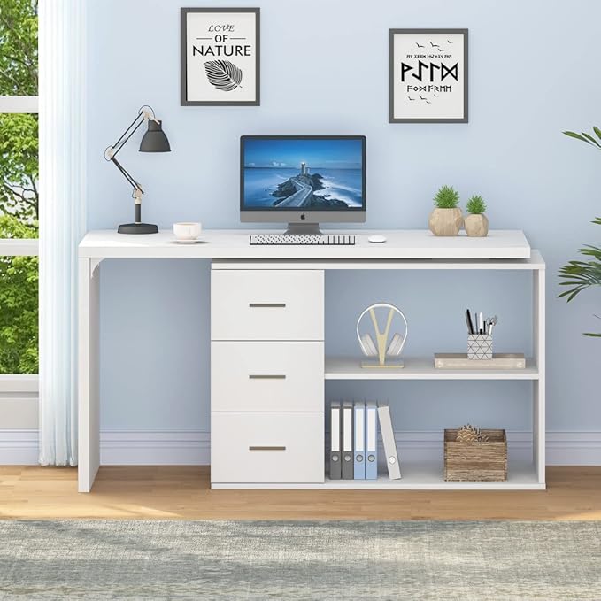 HSH White L Shaped Desk with Drawers Shelves, 360 Rotating L Shape Computer Desk with Storage Cabinet, Corner Home Office Desk Computer Table，55 Inch