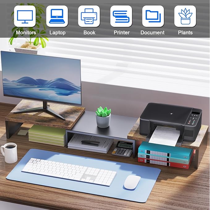 Dual Monitor Stand for Desk, Wooden Monitor Riser, Desk Shelf for Top of Desk, Computer Stand for Home and Office Use (Wood)