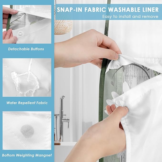No Hook Green Daisy and Butterfly Shower Curtain with Snap in Fabric Liner Set, Rustic Farmhouse Double Layers Waterproof Fabric with See Through Top Window Open Grommet Bath Curtain 71x74 Inch