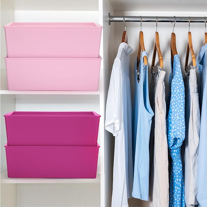 Menkxi 4 Pcs Storage Bins with Lids Plastic Containers Stackable Storage Box Baskets for Organizing Shelves(Dark Pink, Light Pink,Large)