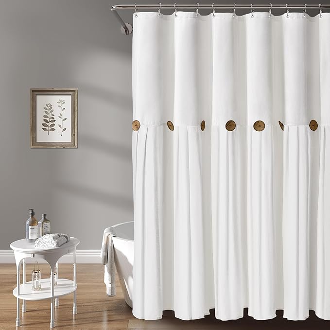Awellife Farmhouse White Shower Curtain Button Linen Textured Woven Fabric,Country Style 72" W x 72" L