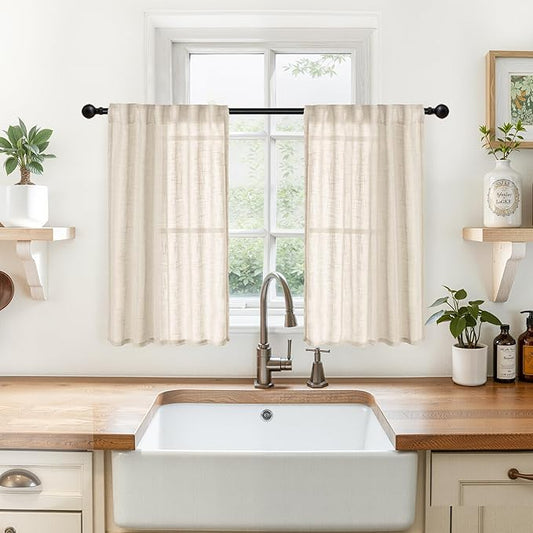 YoungsTex Linen Semi Sheer Curtains 36 Inch Length for Kitchen Cafe Window, Short Light Filtering Drapes Half Window with Rod Pocket Back Tab for Bathroom, Oatmeal, 2 Panels, 34 X 36 Inch
