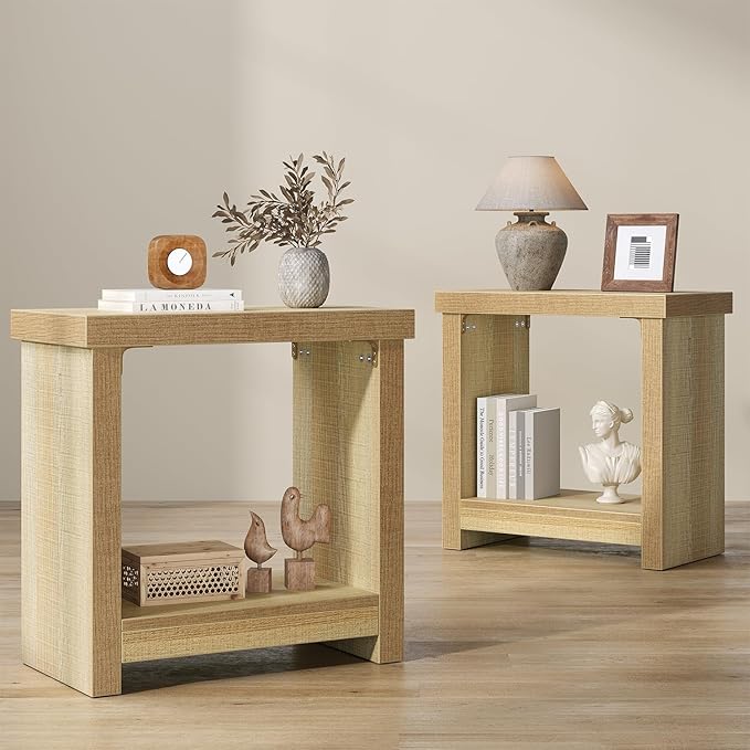 End Tables Set of 2 for Living Room, Narrow Side Tables with Storage Shelves, Square End Table for Bedroom, Slim Nightstand, Skinny Rectangle Accent Table, Farmhouse Bedside Table, Natural (2 Pieces)