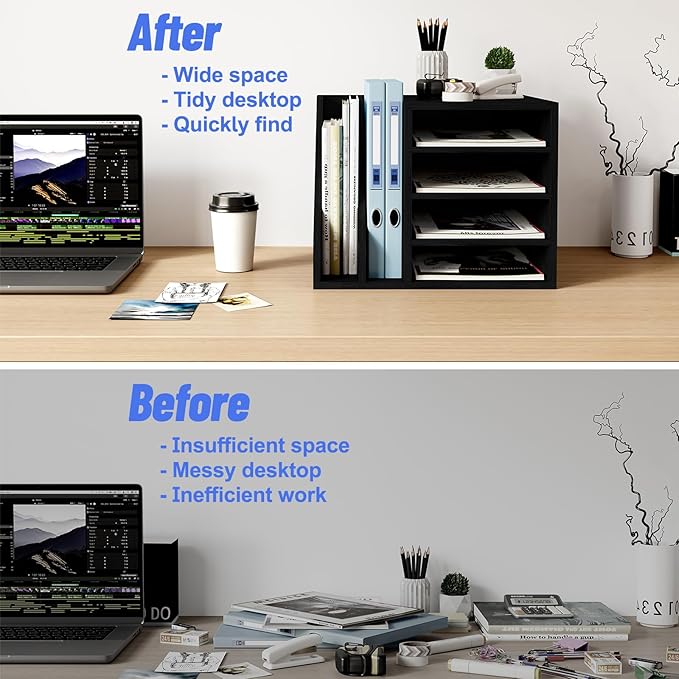 Wood Desk Organizer File Holder, Wooden Mail Organizer Countertop with Adjustable Compartments, Desktop File Organizer Paper Sorter for Home, Office and School, Envelope Organizer, Black