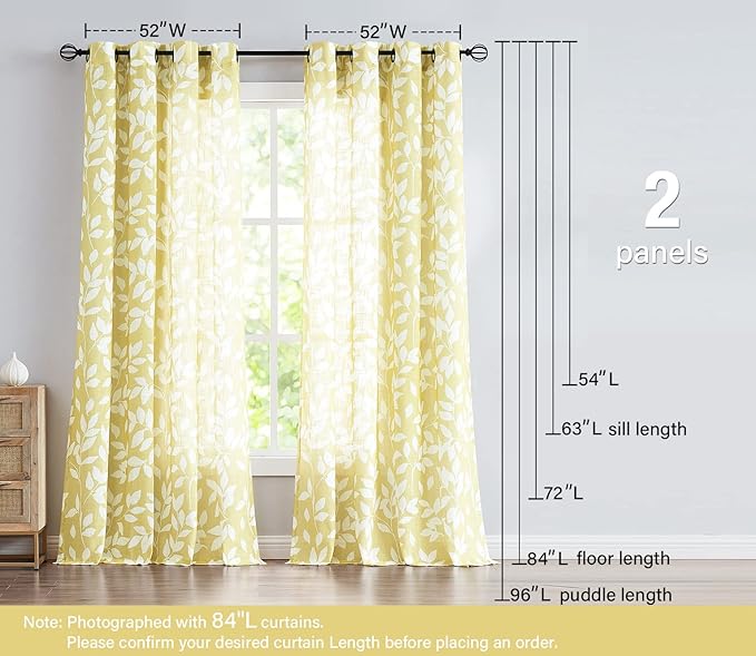 Treatmentex Semi-Sheer Curtains for Living Room Windows 95" Long White and Yellow Leaf Print Curtains for Girl's Room, Bedroom Grommet Top Curtain Panels, Mustard Yellow, 1 Pair