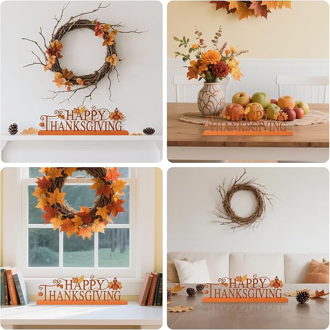 Metal Holiday Table Sign Decor, Decorations Tabletop Centerpiece for Home, Office, Shelf, Tiered Tray, Mantel, Indoor, Merry Christmas, Happy Thanksgiving