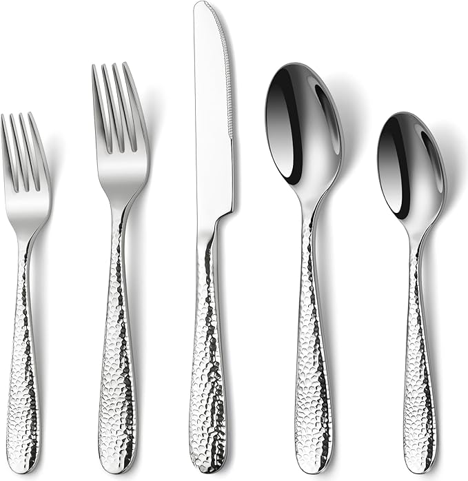 Hammered Silverware Set, EUIRIO 20-Piece Heavy Duty Cutlery Set for 4, Stainless Steel Flatware Set, Food-Grade Utensil Sets Includes Spoons Forks and Knives, Mirror Finish Dishwasher Safe