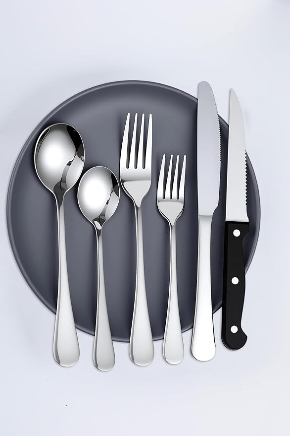 Oval Dinnerware Set, 24 Pcs Silverware Set for 4, Food-Grade Stainless Steel Flatware Set, Mirror Polished Cutlery Utensil Set, Include Steak Knife Fork And Spoo, Dishwasher Safe