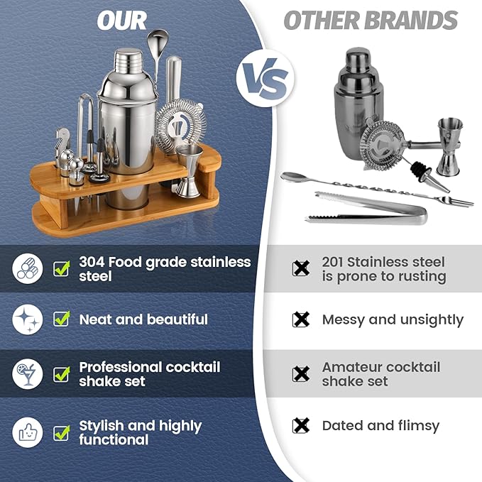 Cocktail Shaker Set Bartender Kit: 13-Pcs Bar Tools Set with Bamboo Stand, Essential Bar Accessories for Home: 25oz Martini Shaker, Jigger, Bar Spoon, Professional Cocktails Kit for Drink Mixing |Gift