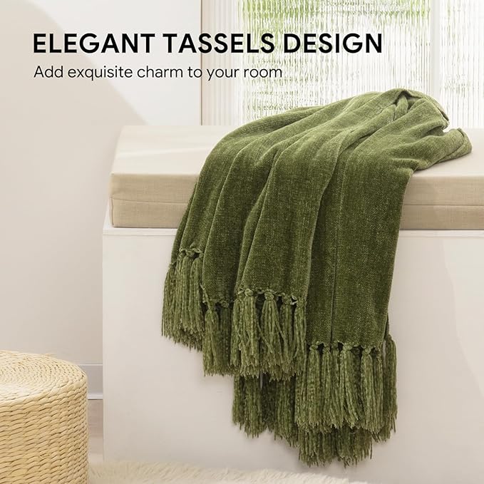RECYCO Throw Blanket Soft Cozy Chenille Throw Blanket with Fringe Tassel for Couch Sofa Chair Bed Living Room Gift (Loden Green, 60'' x 80'')
