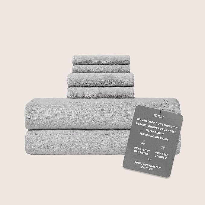 Italic Ultraplush Luxe 6 Piece Towel Set – 2 Bath Sheets, 2 Hand Towels, 2 Washcloths – 800GSM Soft, Highly Absorbent & Quick Drying, Resort Grade 100% Australian Cotton Towels (Light Gray)