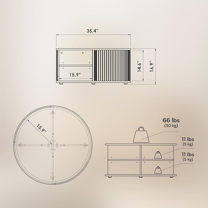 WERMO 35'' Round Coffee Table with Storage and Shelves - Round Center Table for Living Room and Office. Wood Mid Century Modern Coffee Tables for Living Room (Oak)