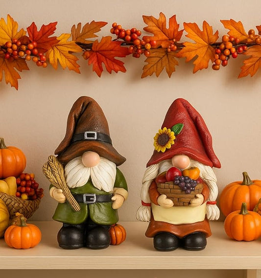 iStatue Thanksgiving Decorations Fall Gnome Figurines – 2 Pack Resin Harvest Figurines with Pumpkins, Wheat & Basket, Autumn Home Décor Accents for Table, Mantel, Shelf (Brown)