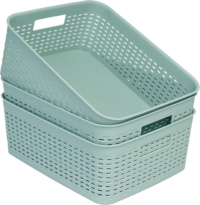 Soddeph Plastic Storage Baskets for Cabinets, Household Pantry Organization with Handle,Organizer Bins for Room,Bathrooms,Under-Sink,Kitchen (Green, M-3PACK)