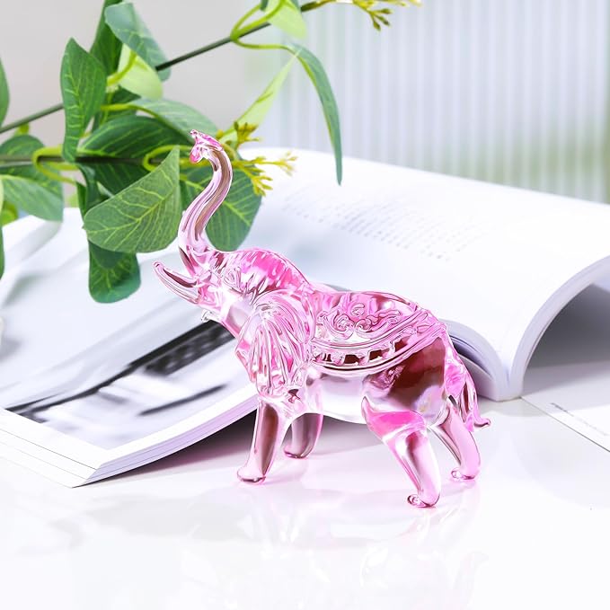 YWHL Pink Crystal Elephant Figurine Gifts for Elephant Lovers, Glass Animals Statue Decor, Handmade Art Collectible Decoration for Home Table Centerpiece