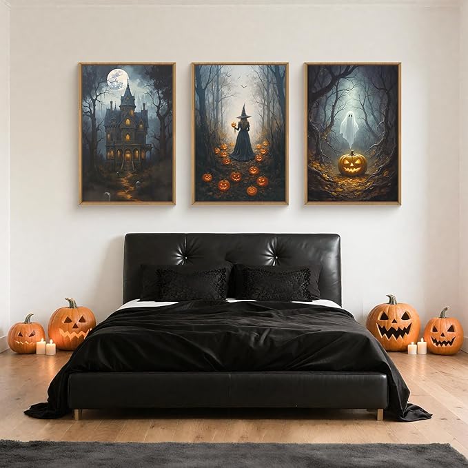 Halloween Moon Castle Framed Canvas Wall Art Set, Scary Dark Forest Witch Wall Decor, Cute Ghost Wall Painting, Pumpkin and Bats Art Prints for Gothic Party, Living Room, Club -16"x24"x3