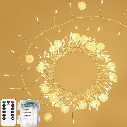 Battery Powered Fairy Lights with Remote, 200Led Cluster Lights Christmas Twinkly Globe String Lights for Christmas Tree Waterproof Copper Wire Firecracker Light for Bedroom Indoor Decoration