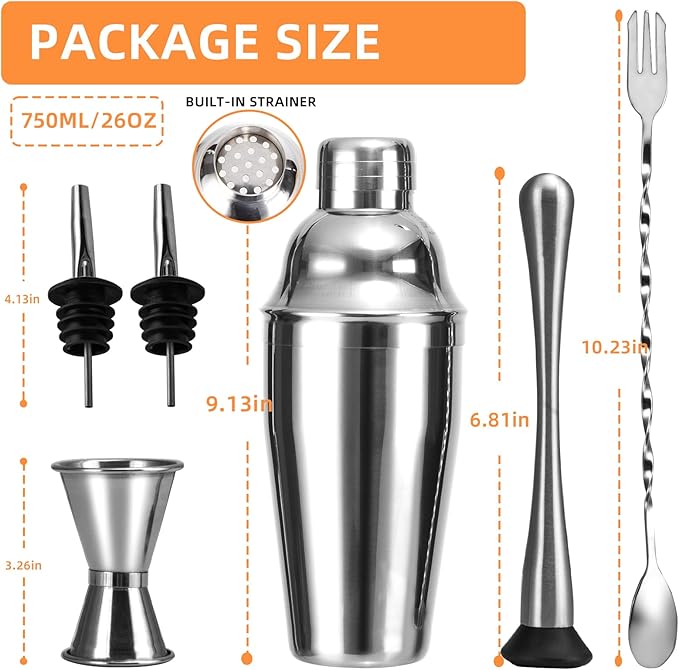 6 Piece 26oz Professional Cocktail Shaker Set with Built-in Strainer,Martini and Margarita Shaker for Home Bar, Boston Bartending Kit Gift for Beginners (750ml/26oz)