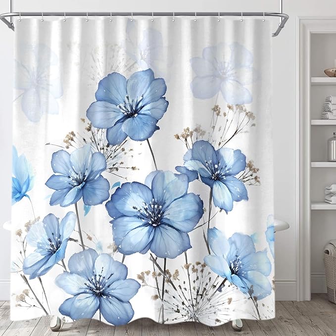 Sanzugh Boho Blue Flower Shower Curtain, Light Blue Watercolor Floral White Art Fabric Shower Curtains Set for Bathroom Decorative with Hooks 72 X 72 inch Beautiful Bath Decor