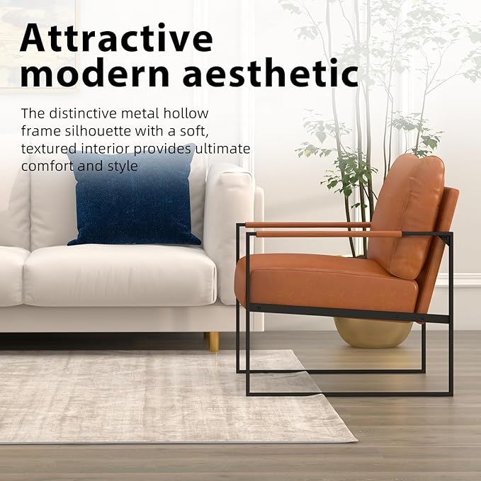 INZOY Leather Accent Chair with Metal Frame Set of 2, Comfy Living Room Chair with Plump Backrest and Cushion, Mid Century Modern Chair with Sturdy Structure, Easy to Clean, Brown
