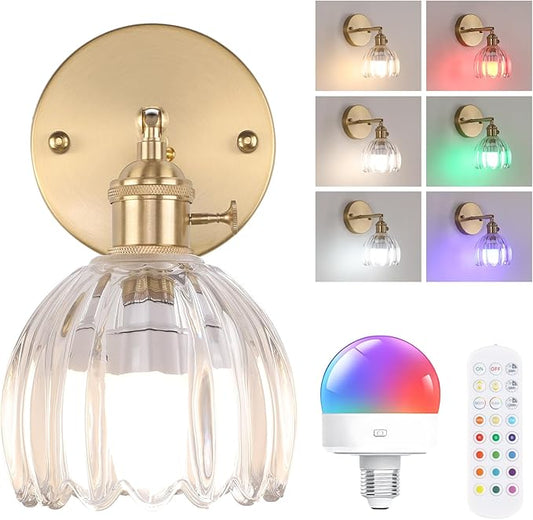 Vintage Battery Operated Wall Sconce with Cute Transparent Tulip Glass Lampshade Wireless Rechargeable Battery Powered Wall Light with Remote Control for Bedside Bedroom Doorway