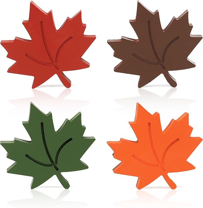 Amorita 4pcs Fall Leaves Decorations Farmhouse Thanksgiving Table Decor Centerpiece Wooden Maple Leaf Signs Block for Autumn Harvest Tiered Tray Party Shelf Display