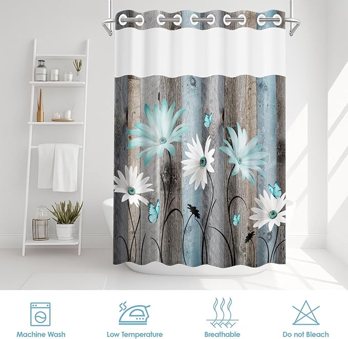 No Hook Rustic Farmhouse Shower Curtain with Snap in Fabric Liner Set, Teal Daisy Flowers and Butterfly on Wooden Double Layers Waterproof with See Through Top Bath Curtain 54x80 Inch