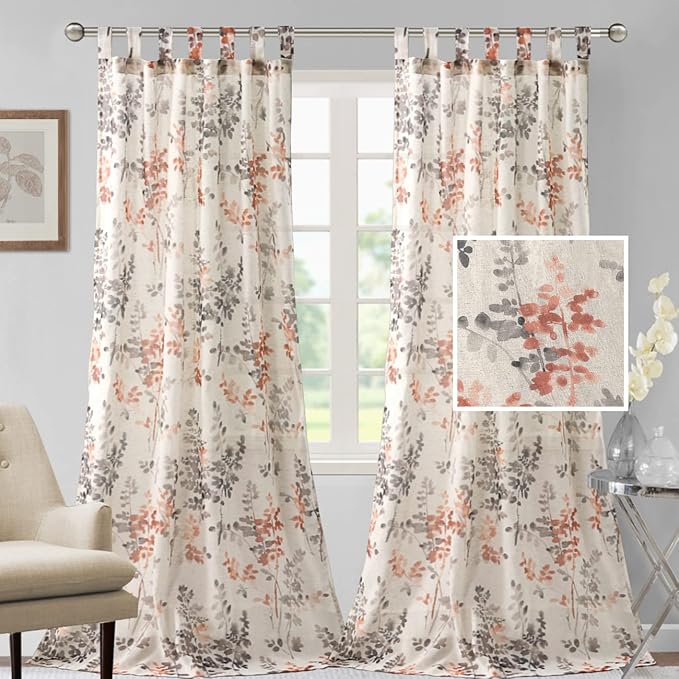 H.VERSAILTEX Linen Sheer Curtains for Living Room Sheer Panels 95 Inches Long Light Filtering Tab Top Window Treatment Drapes for Bedroom, 2 Panels, Vintage Classical Floral Print Coral and Taupe