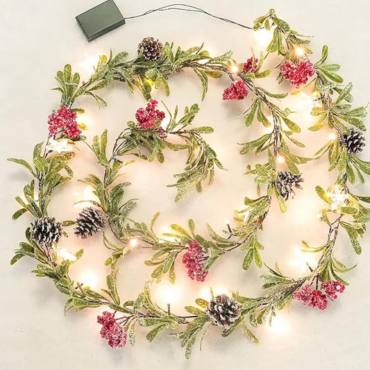 9ft Snowy Olive Christmas Garland with Lights, Pines and Stars,Battery Operated Garland with Timer, Christmas Garlands for Fireplace,StairRailing,Indoor, Outdoor Decor