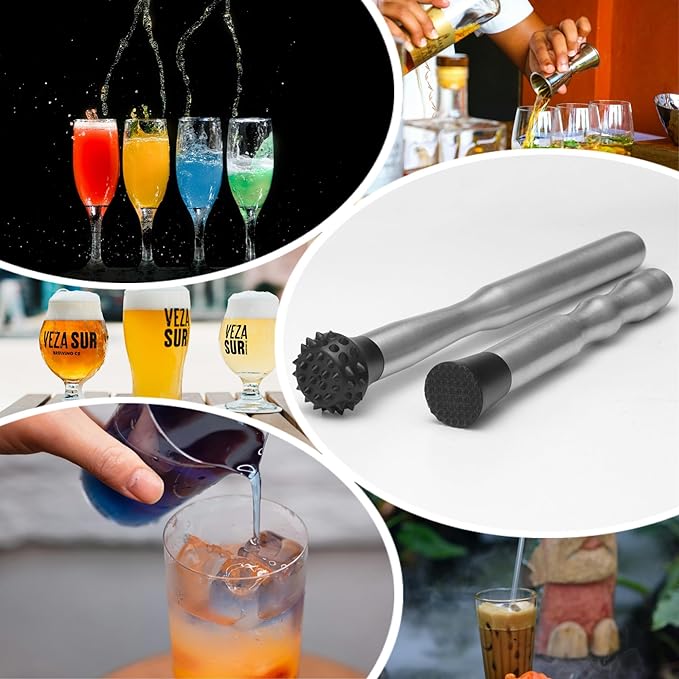 8'' & 12" Stainless Steel Cocktail Muddler & Long Handle Mixing Spoon Set - Professional Bar Tools for Mojitos, Fruit Drinks & Craft Cocktails | Heavy-Duty Stirring & Muddler Kit