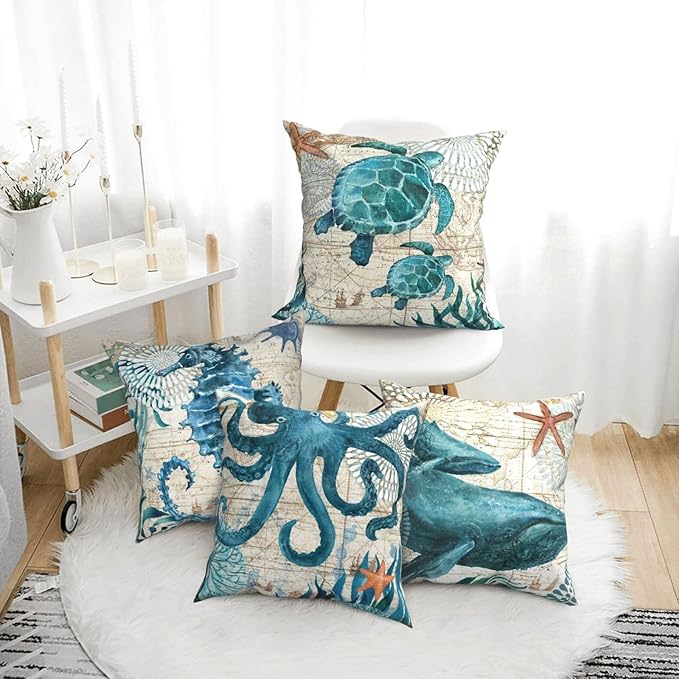 Coastal Blue Throw Pillow Covers 18 x 18 Inch Sea Turtle Seahorse Octopus Shark Beach Decorative Pillow Cases Ocean Nautical Cushion Covers for Sofa Bed Home Decor Set of 4