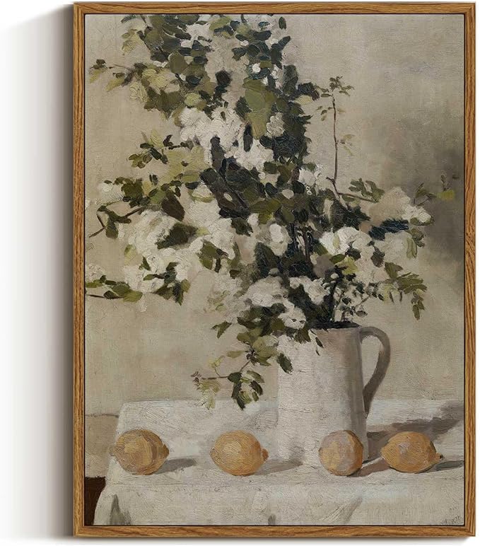 VIYYIEA Vintage Wall Art Kitchen Decor, Flowers and Lemons Pictures Painting Botanical Art, 12x16 in,Framed Canvas Prints Artwork, Earthy Farmhouse Decor for Dining Room Bathroom