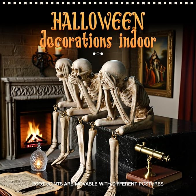 Halloween Skeleton Statues Set of 3 – See No Evil, Hear No Evil, Speak No Evil, Resin Skull Figurines for Gothic Home Decorations, Shelf Mantel Decor, Tabletop Halloween Decor Indoor (Speak no Evil)