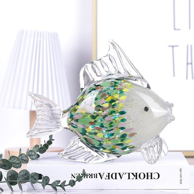 9.4 in Blown Colored Glass Fish Statue, Green Glass Fish Paperweight Sculpture for Modern Home Decor, Living Room Coffee Table, Office Desk, Dining Table Centerpiece, and Window Display (D)