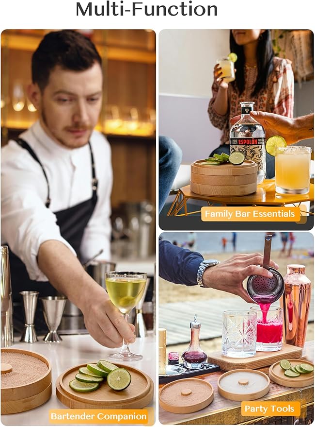 Nucookery 3-Tier Wood Bar Glass Rimmer, 5.6" Margarita Salt Rimmer Set, Sugar and Salt Rimmer Tray for Juice Cocktails, Bartender Bar Party Tool, Drinks Bar Accessories Box for Home Bar (Beech Wood)