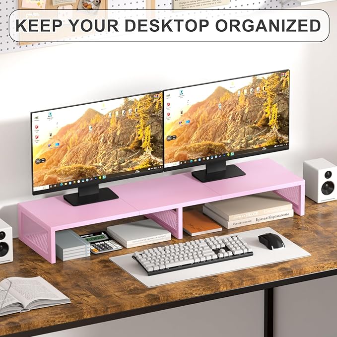 Dual Computer Monitor Stand Riser, Desk Organizers and Accessories, Printer & TV Stand, Desk Shelf, Office Desk Accessories & Desktop Workspace Organizer for Office Supplies, Pink