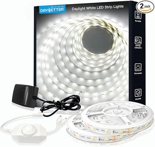 DAYBETTER White LED Strip Light, 40 ft Dimmable Bright Rope Lighting, 6500K 24V Strips, 720 LEDs 2835 Tape Lights for Bedroom, Kitchen, Mirror, Home Decoration(2 Rolls of 20 ft)