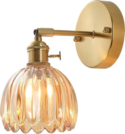 Plug in and Hardwired Wall Sconces, Luxury Vintage Tulip Crystal Glass Shade Wall Light with Switch for Bedside Bedroom Living Room (Tulip-Amber, 1)