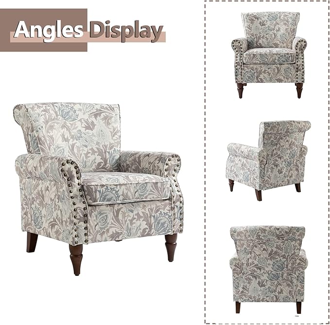HULALA HOME Modern Wingback Accent Chair with Wood Legs & Removable Cushion, Comfy Upholstered Armchair with Nailhead Trim, Floral Pattern Single Sofa Chair for Living Room Bedroom, Grey