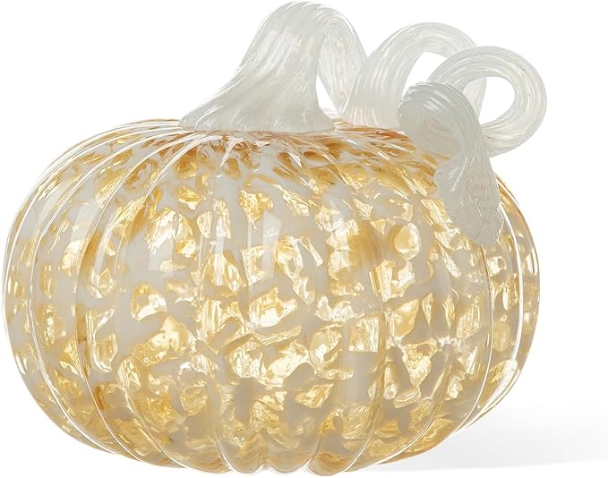 Glitzhome 6" D Fall Amber Dots Round Glass Pumpkin,Hand Blown Crystal Pumpkin Figurine Collectibles Table Accent for Fall Harvest Decorating