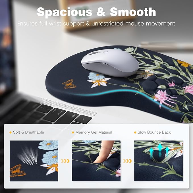 Ospelelf Ergonomic Mouse Pad and Keyboard Stand Wrist Rest Set, Memory Foam Comfort, Pain Relief for Typing, Office Desk Accessories, Moonlit Blossoms
