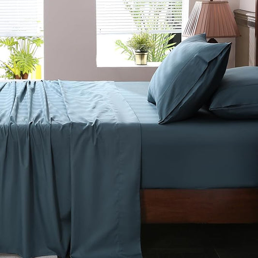 Extra Deep Pocket King Sheets 18-24 Inch 100% Egyptian Cotton 1000 Thread Count Sateen Weave Soft Breathable 4 Pieces（King，Lake Blue）