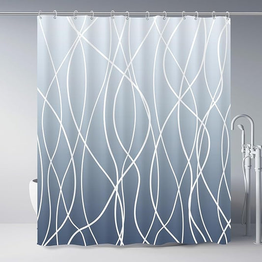Punkray Ombre Blue Shower Curtain for Bathroom with Hooks, White Shower Curtain Set, Stripe Bath Curtains Decorative Shower Curtains Water Repellent Washable, 72 x 72